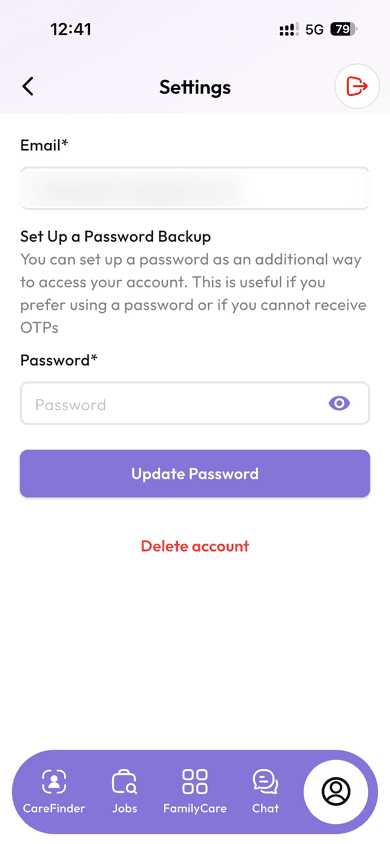 Security screen showing the Delete Account option