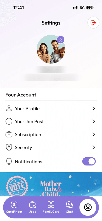 Settings screen in the Yaya app