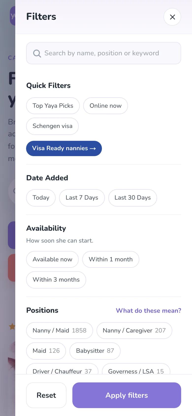 CareFinder Web by Yaya Middle East: the filter panel, the first of its 23 search filters