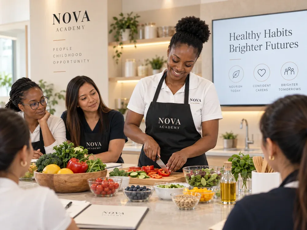 A trainer demonstrates food preparation with nannies in a cooking workshop.