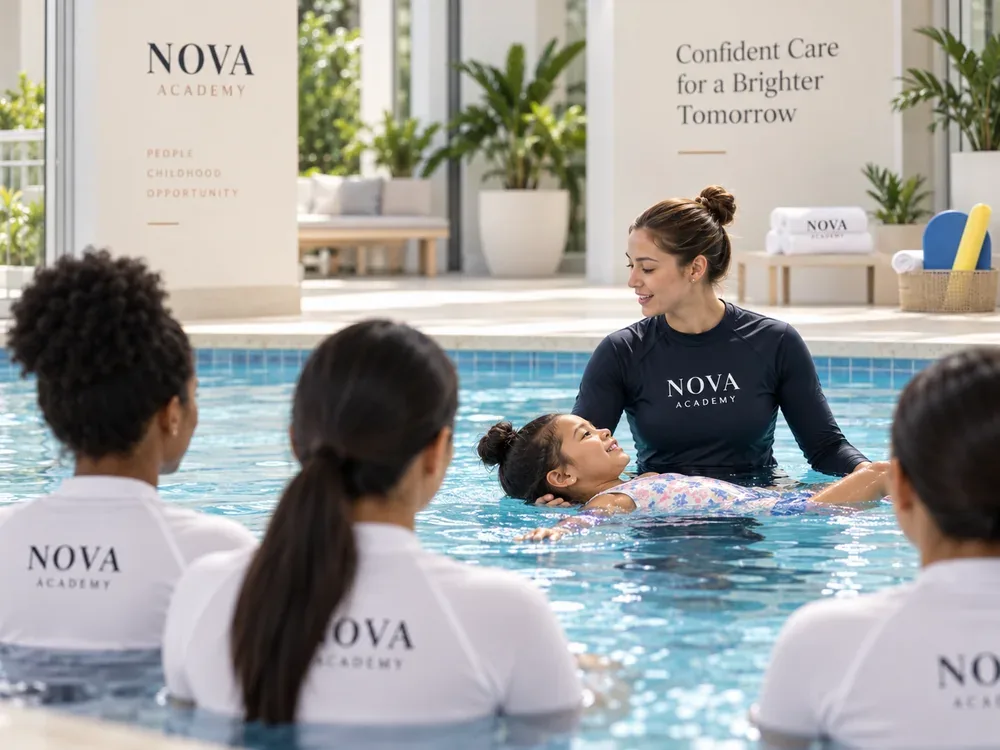 A lifesaving trainer supports a child in the pool as nannies watch from the water.