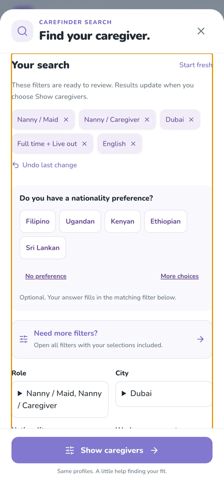 CareFinder Web turning the request "A live-out nanny in Dubai who speaks English and is available now" into filters: Nanny/Maid, Nanny/Caregiver, Dubai, Full time + Live out, English