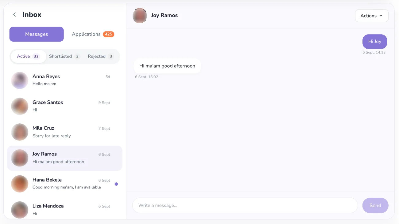 Messaging a nanny on CareFinder Web by Yaya Middle East without sharing a phone number; the inbox also lists incoming applications