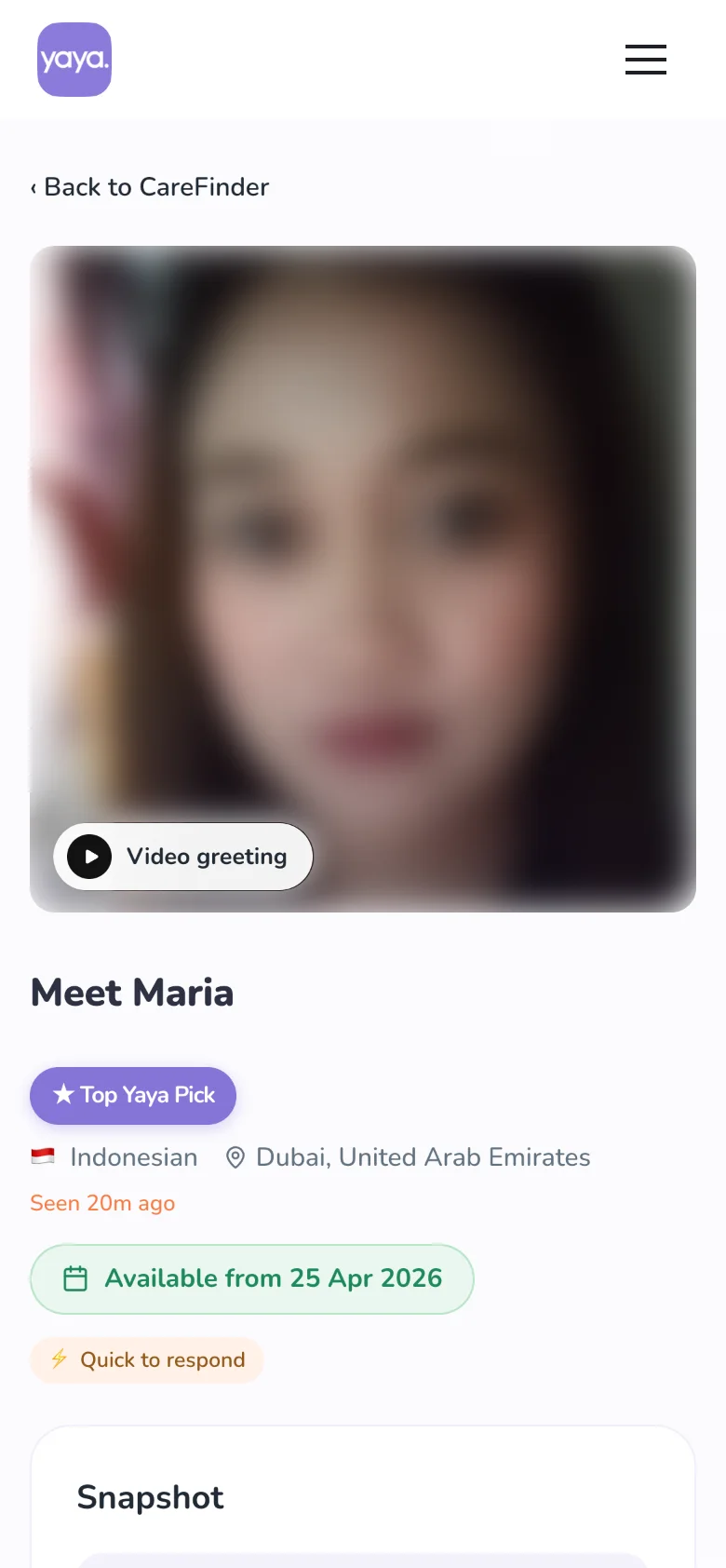 Yaya caregiver profile on CareFinder Web with a video introduction, when she was last seen and a Quick to respond badge