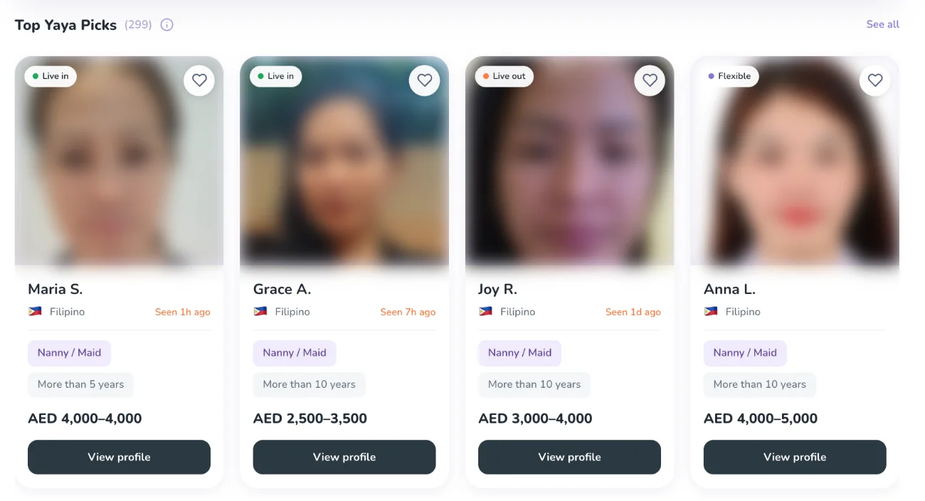The Top Yaya Picks row on CareFinder Web: four caregiver cards with role, experience, salary and when each was last seen