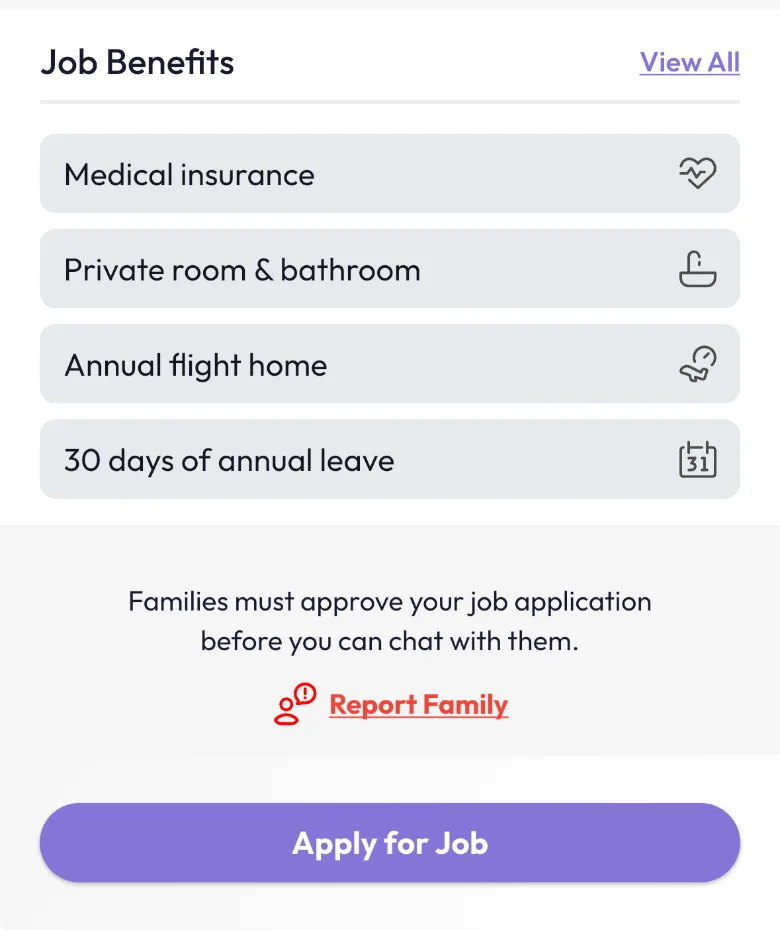 A family's job in the Yaya app from the caregiver's side, with the job benefits and an Apply for Job button; the family approves the application before chat opens