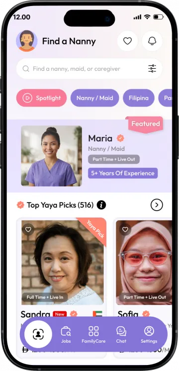 Yaya app browse screen showing nanny profiles