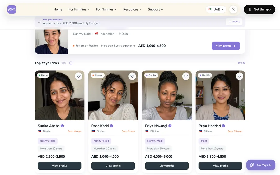 Browsing caregiver profiles on the Yaya website and app