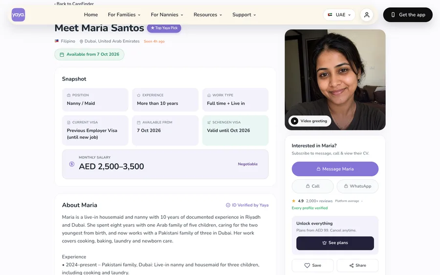 Contacting a caregiver from her Yaya profile on web and app