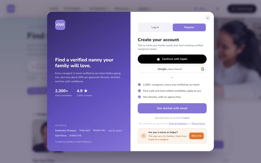 Creating a family account on the Yaya website and app