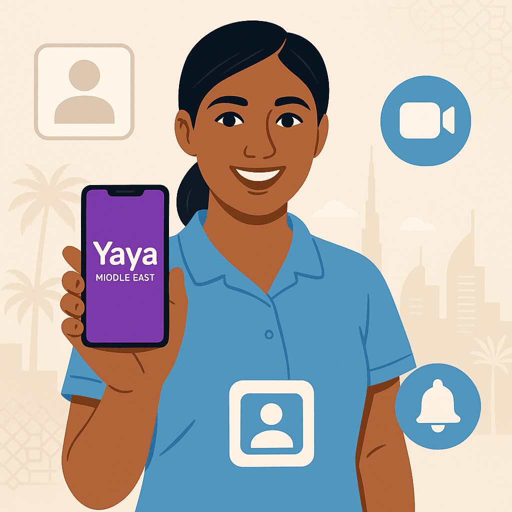 Smiling woman holding a smartphone displaying the Yaya Middle East app with a purple screen, surrounded by icons for profile, video, and notifications. In the background, there are Dubai skyline elements, palm trees, and Arabic patterns, representing the job search process for domestic workers in the UAE.